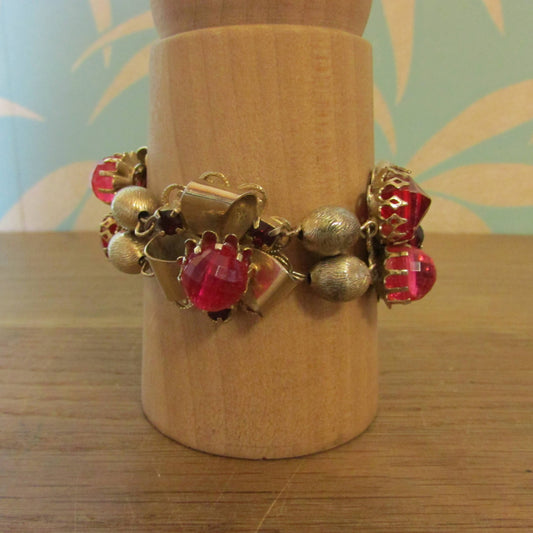 1950s gold-tone & bead bracelet with ruby red and pink faceted beads
