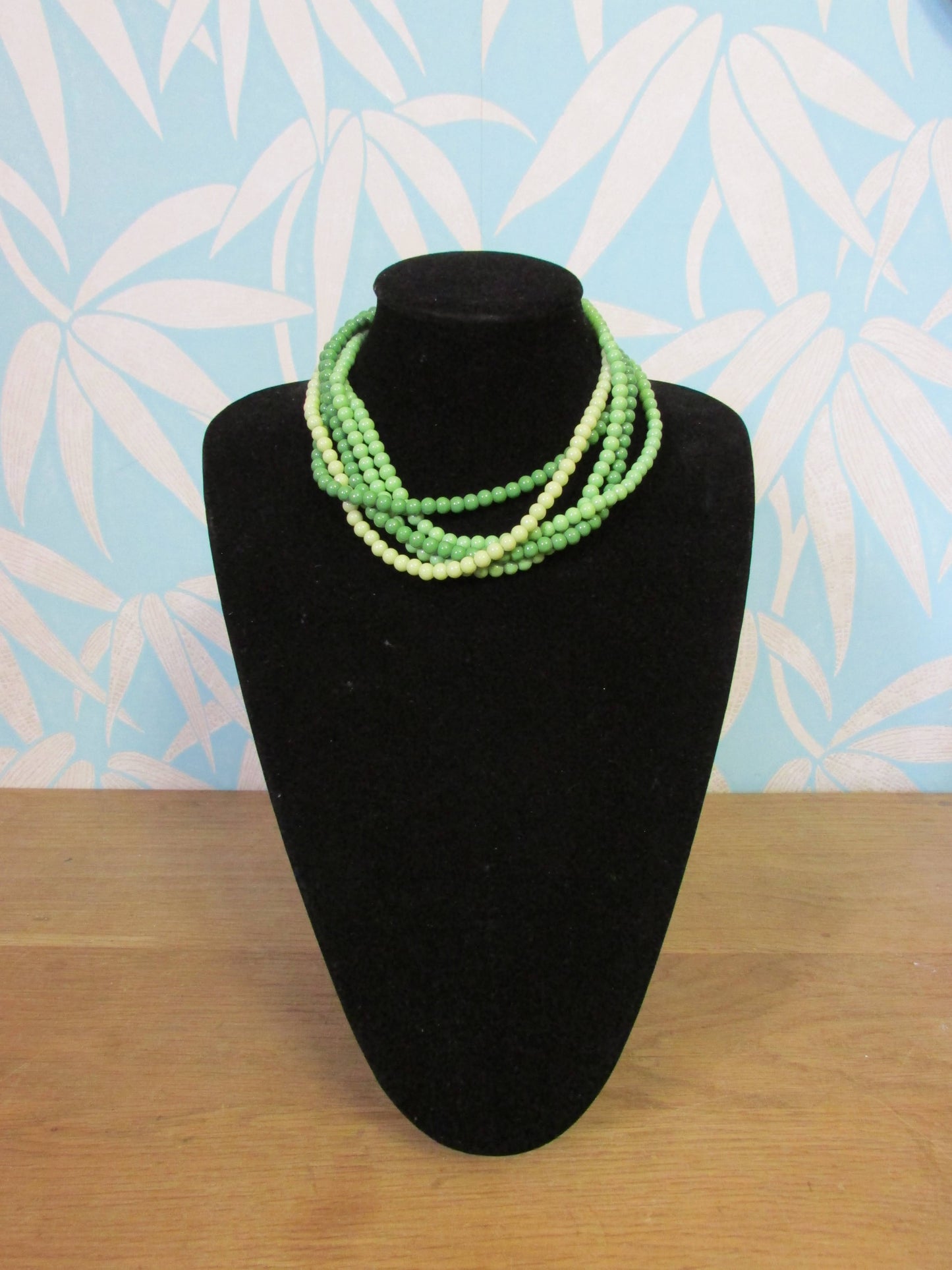 1960s green glass beaded multi strand necklace
