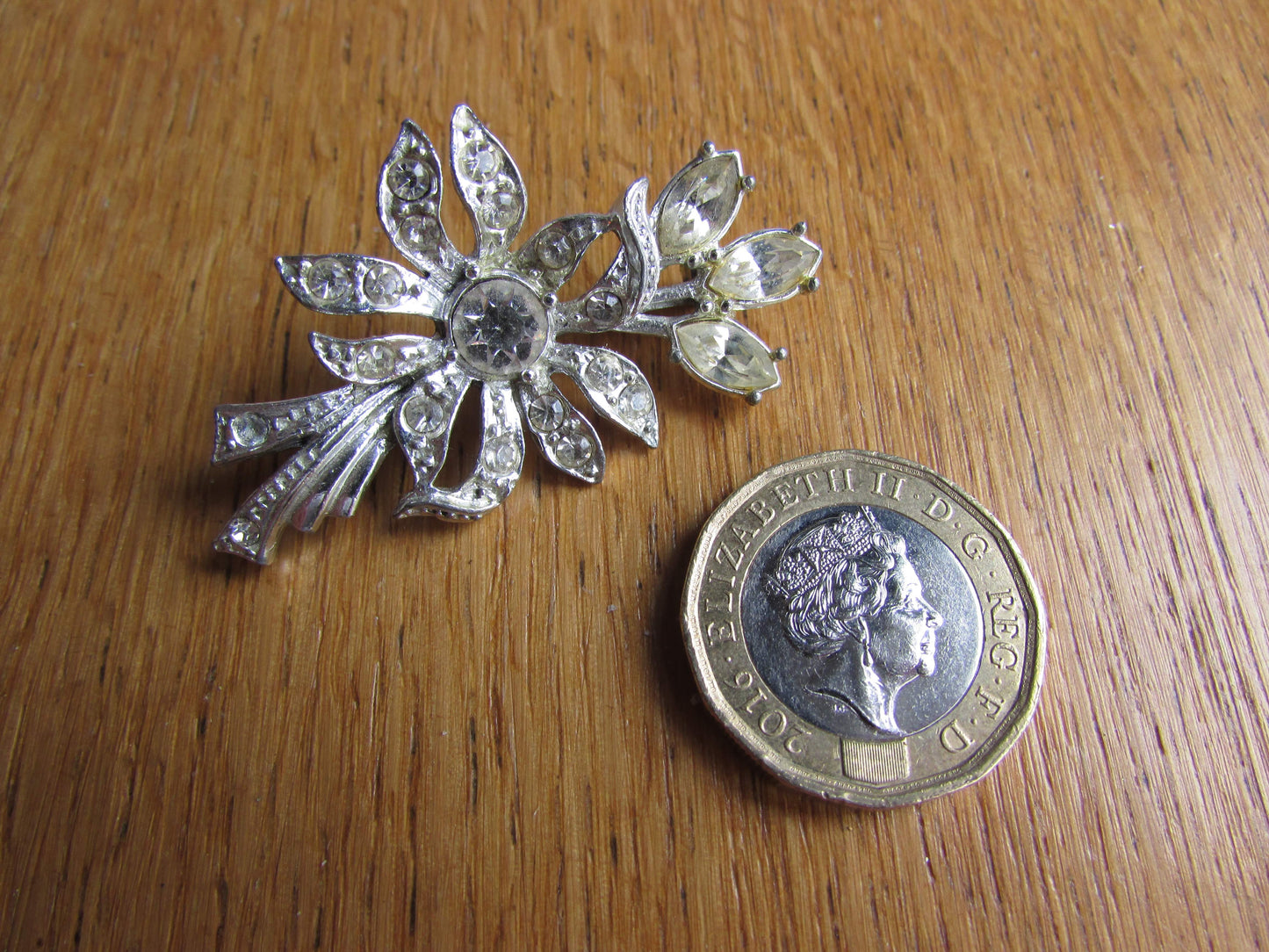Mid-century silver-tone diamanté & paste flower brooch