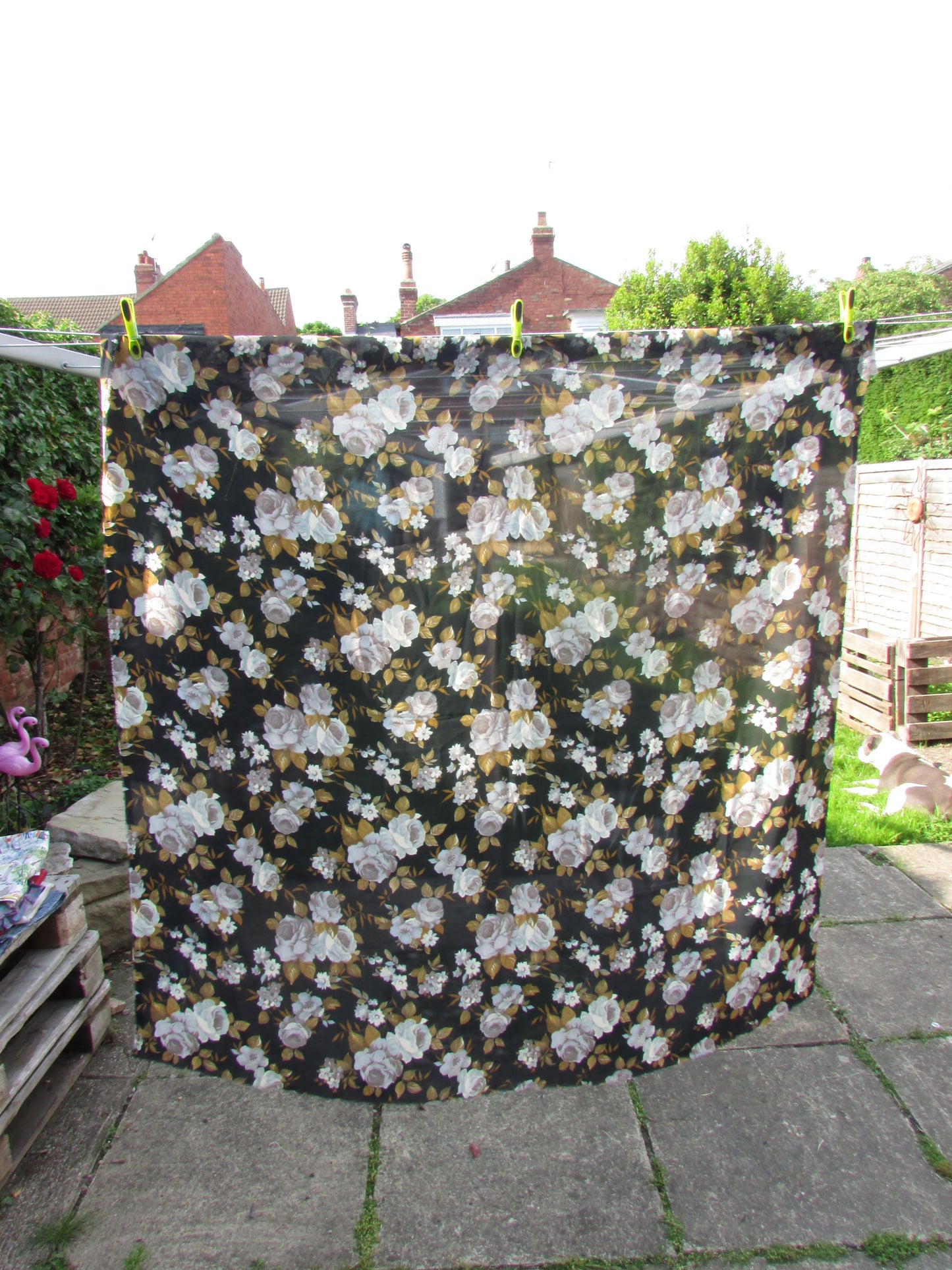 Vintage black & taupe rose print sheer polyester fabric piece, 46" x 44"