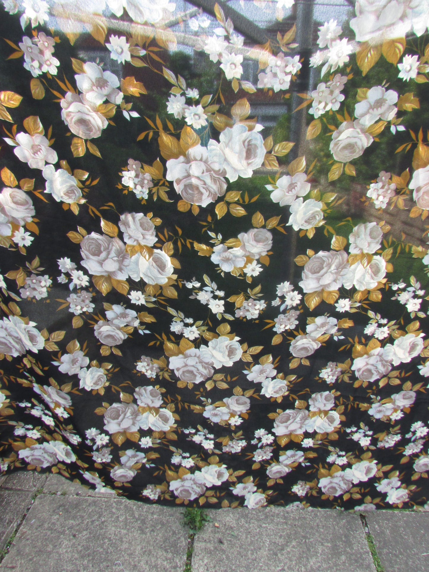 Vintage black & taupe rose print sheer polyester fabric piece, 46" x 44"
