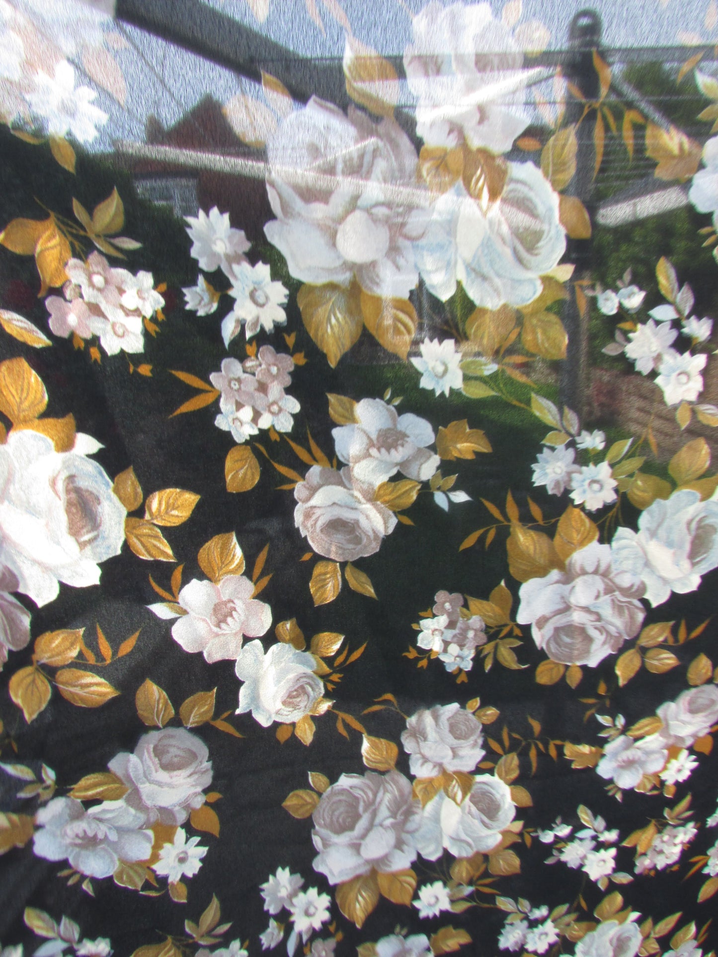 Vintage black & taupe rose print sheer polyester fabric piece, 46" x 44"
