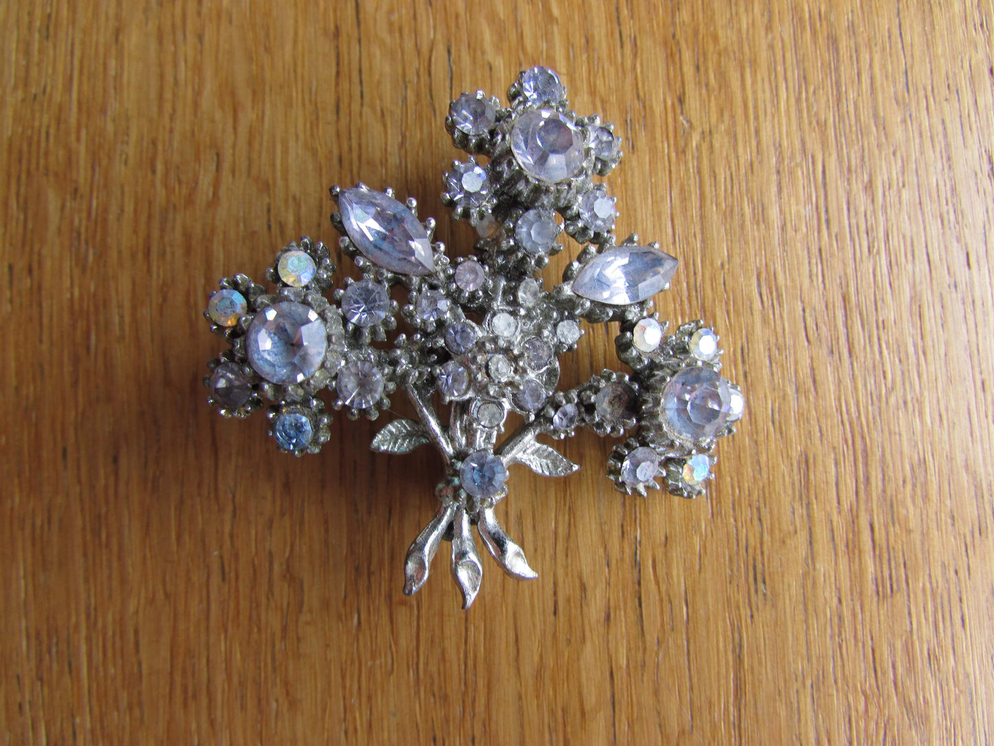 Vintage silver-tone & diamanté floral sprig brooch