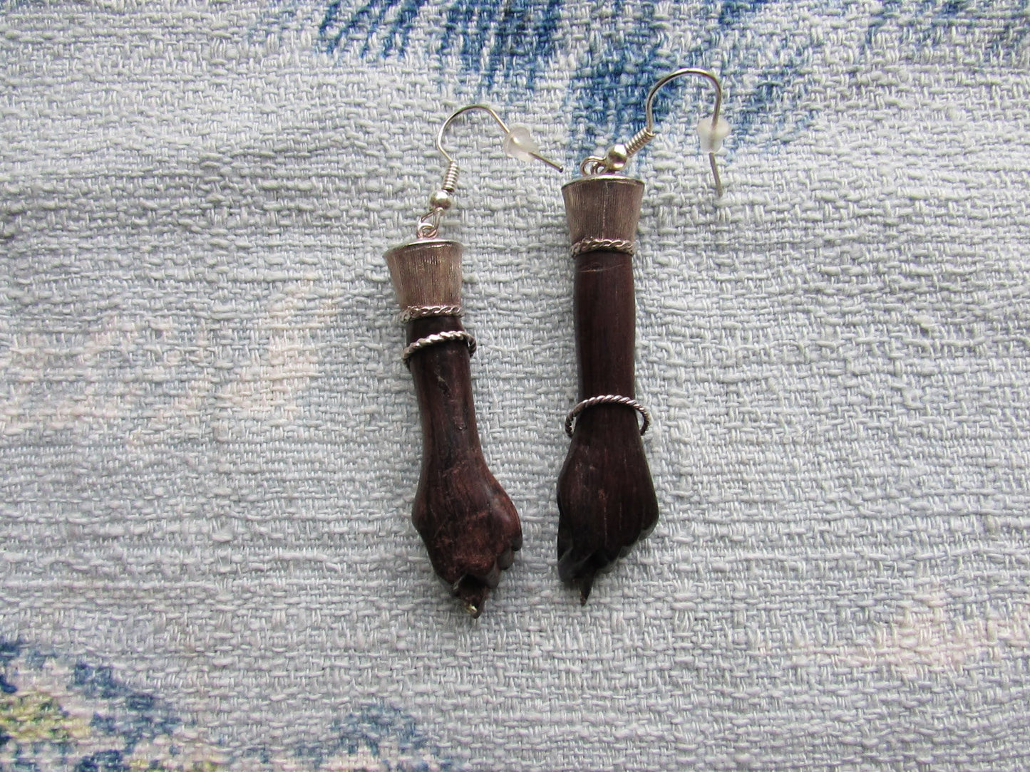 Home-made earrings made using vintage resin 'hands' & silver plated findings