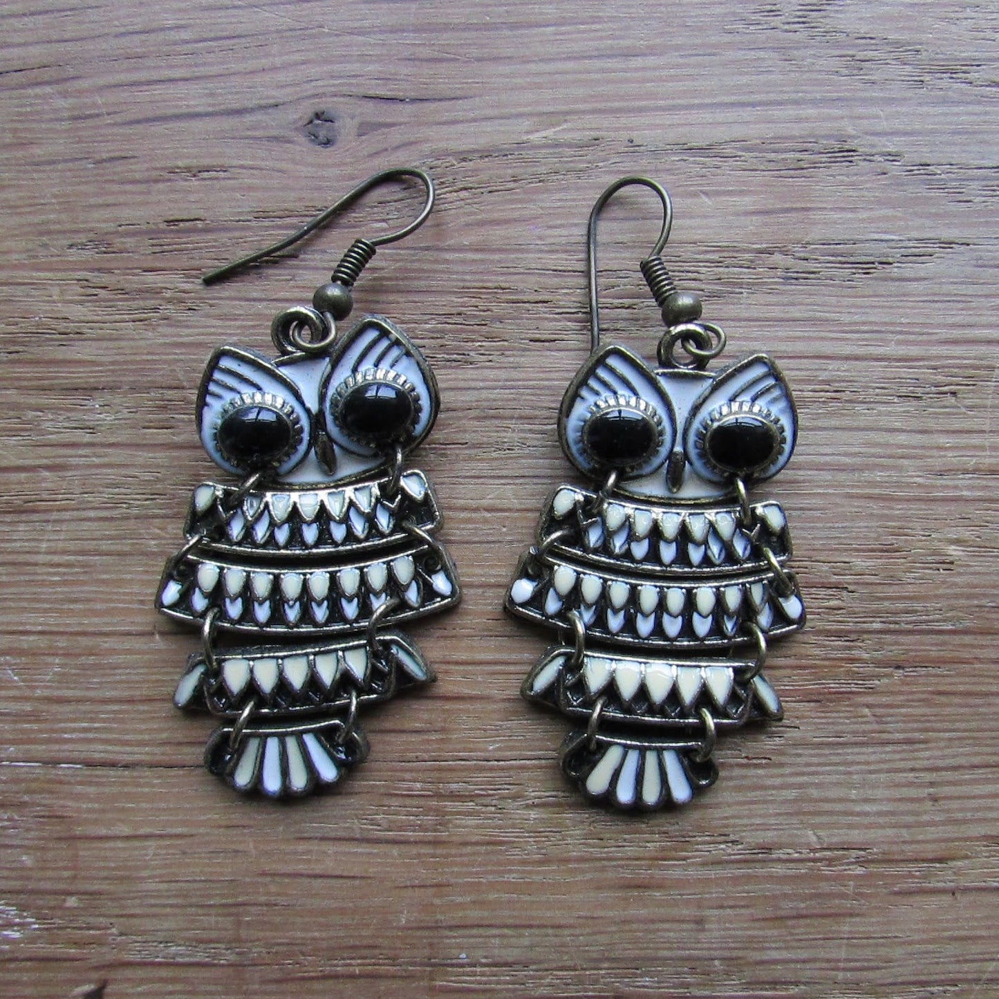 1980s/90s articulated black, white & cream enamel owl drop earrings