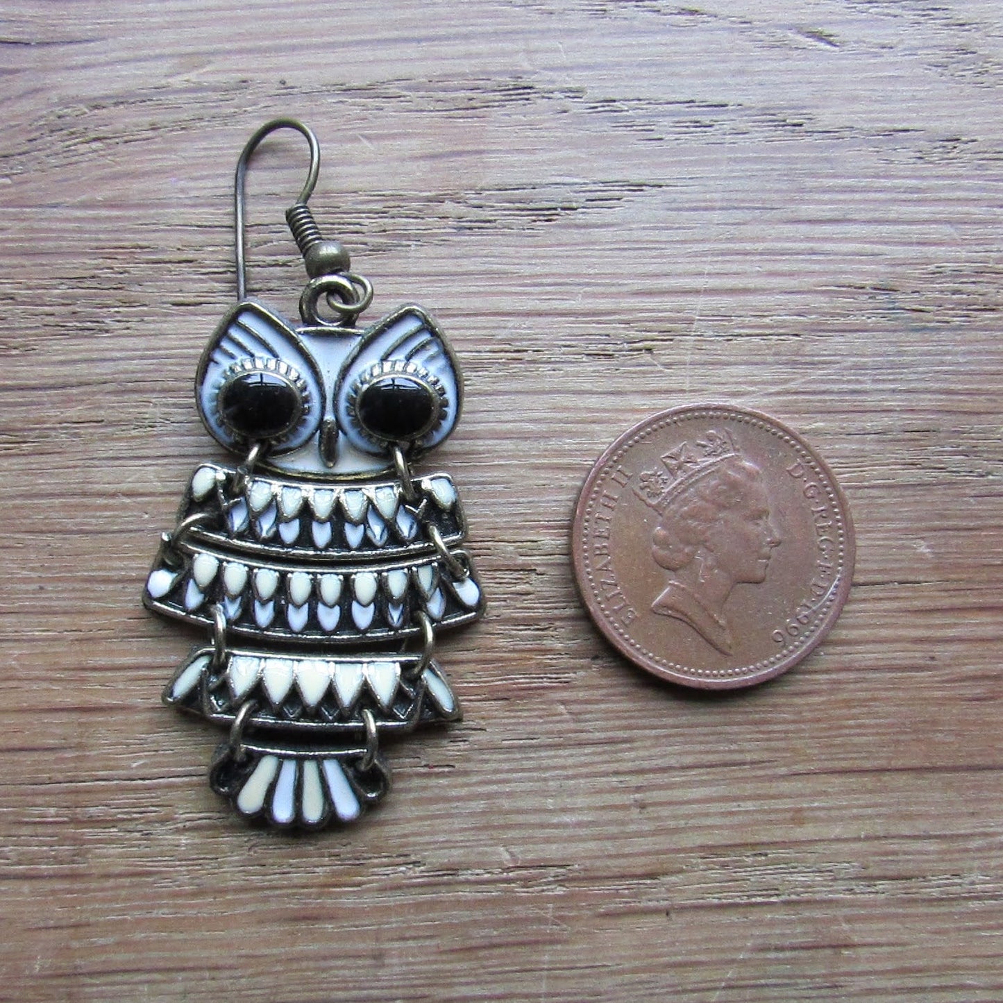 1980s/90s articulated black, white & cream enamel owl drop earrings