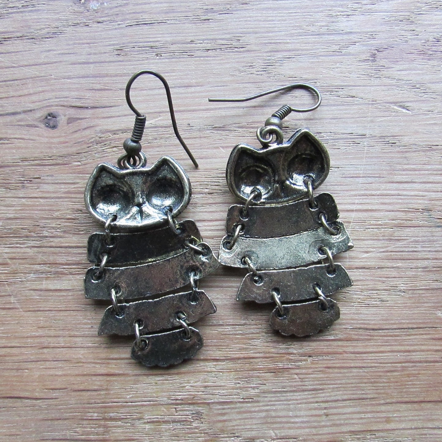 1980s/90s articulated black, white & cream enamel owl drop earrings