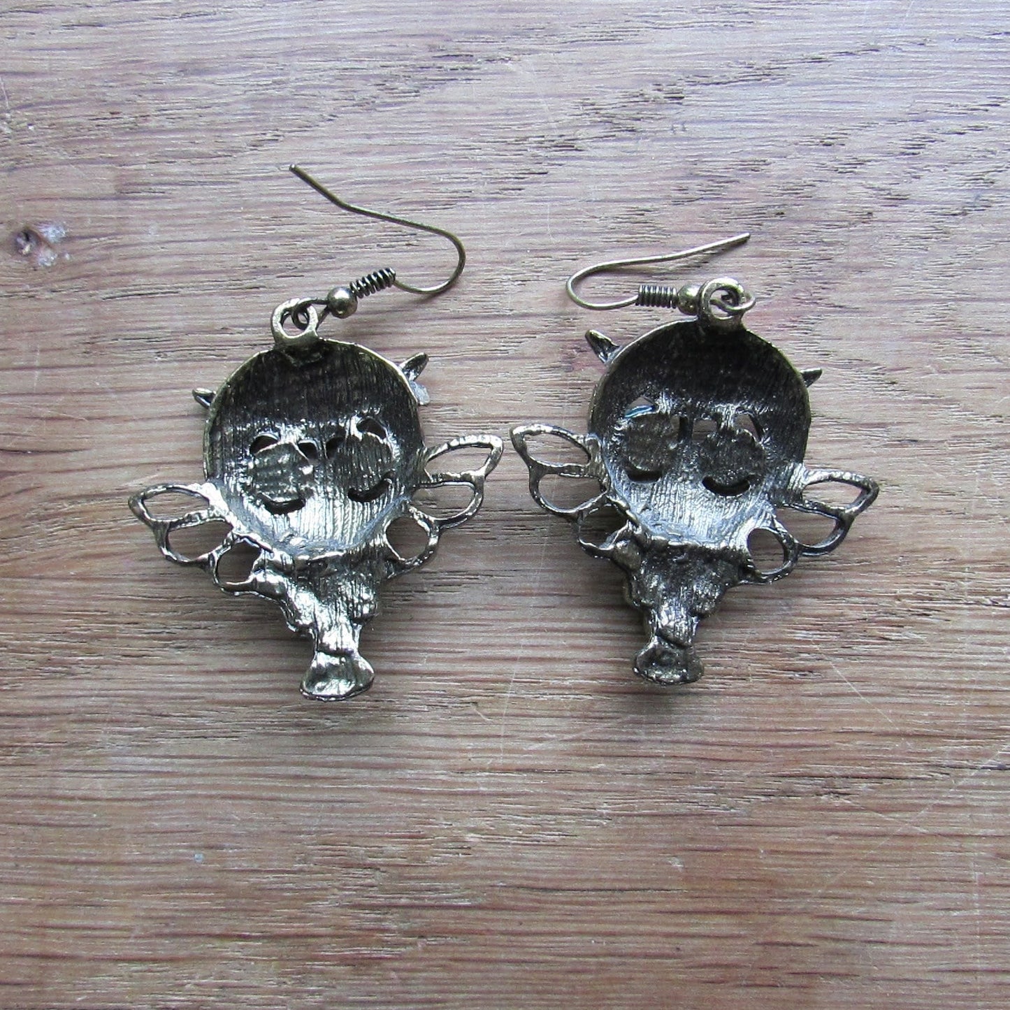 1980s gold-tone owl drop earrings with green cabochon eyes & turquoise rhinestone detail