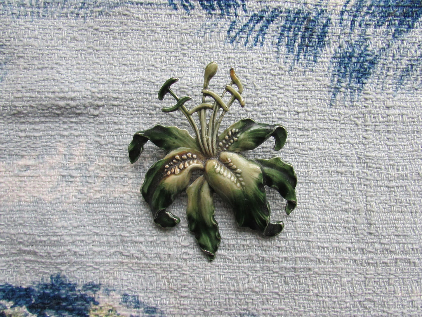 Large vintage Art Nouveau-style enamelled metal lily brooch