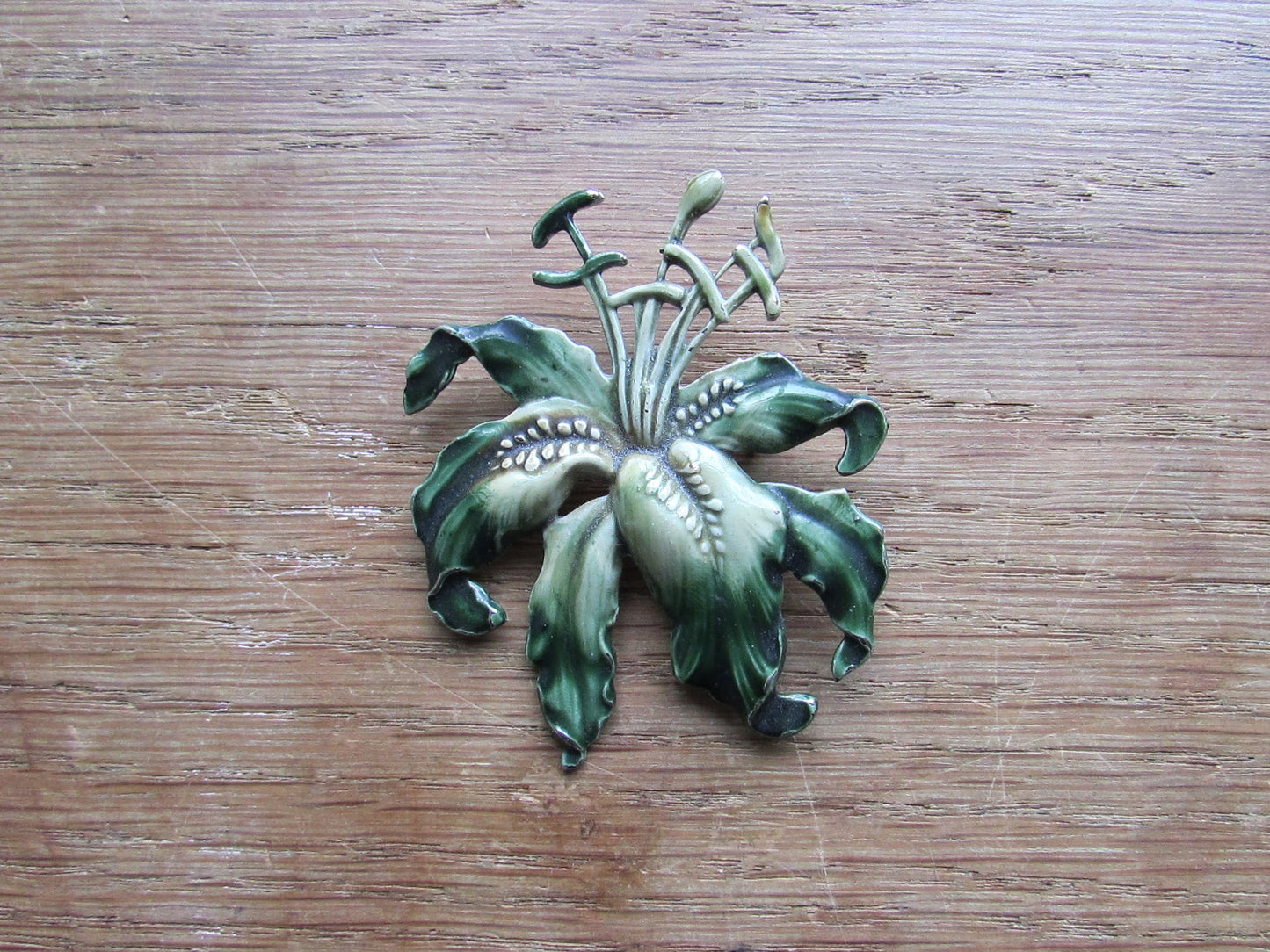 Large vintage Art Nouveau-style enamelled metal lily brooch