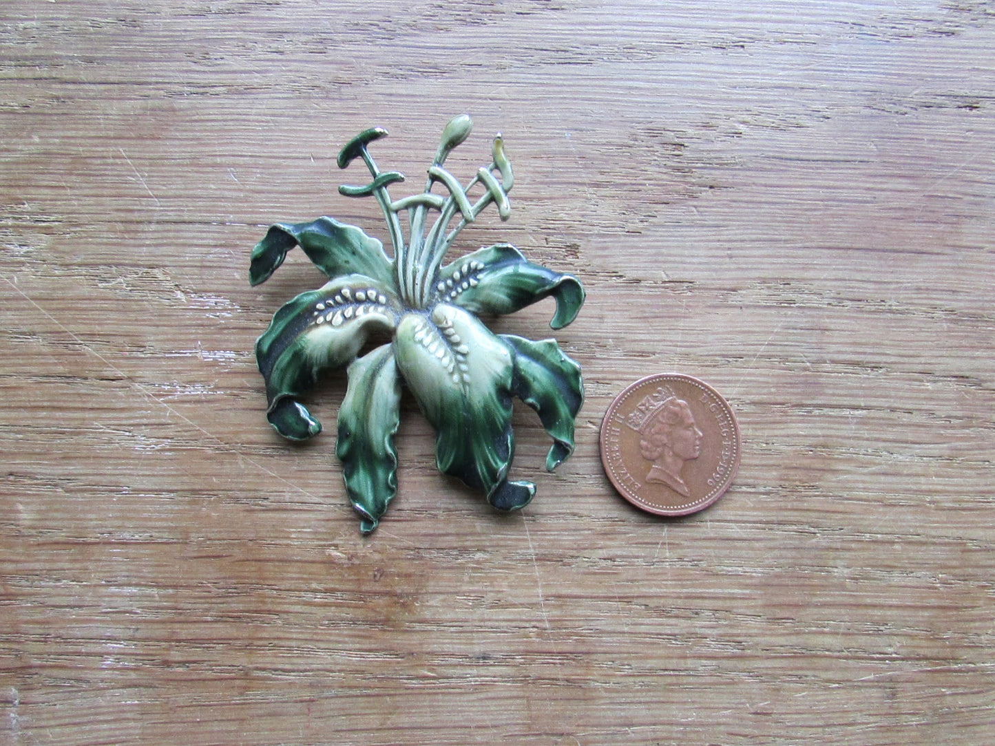 Large vintage Art Nouveau-style enamelled metal lily brooch