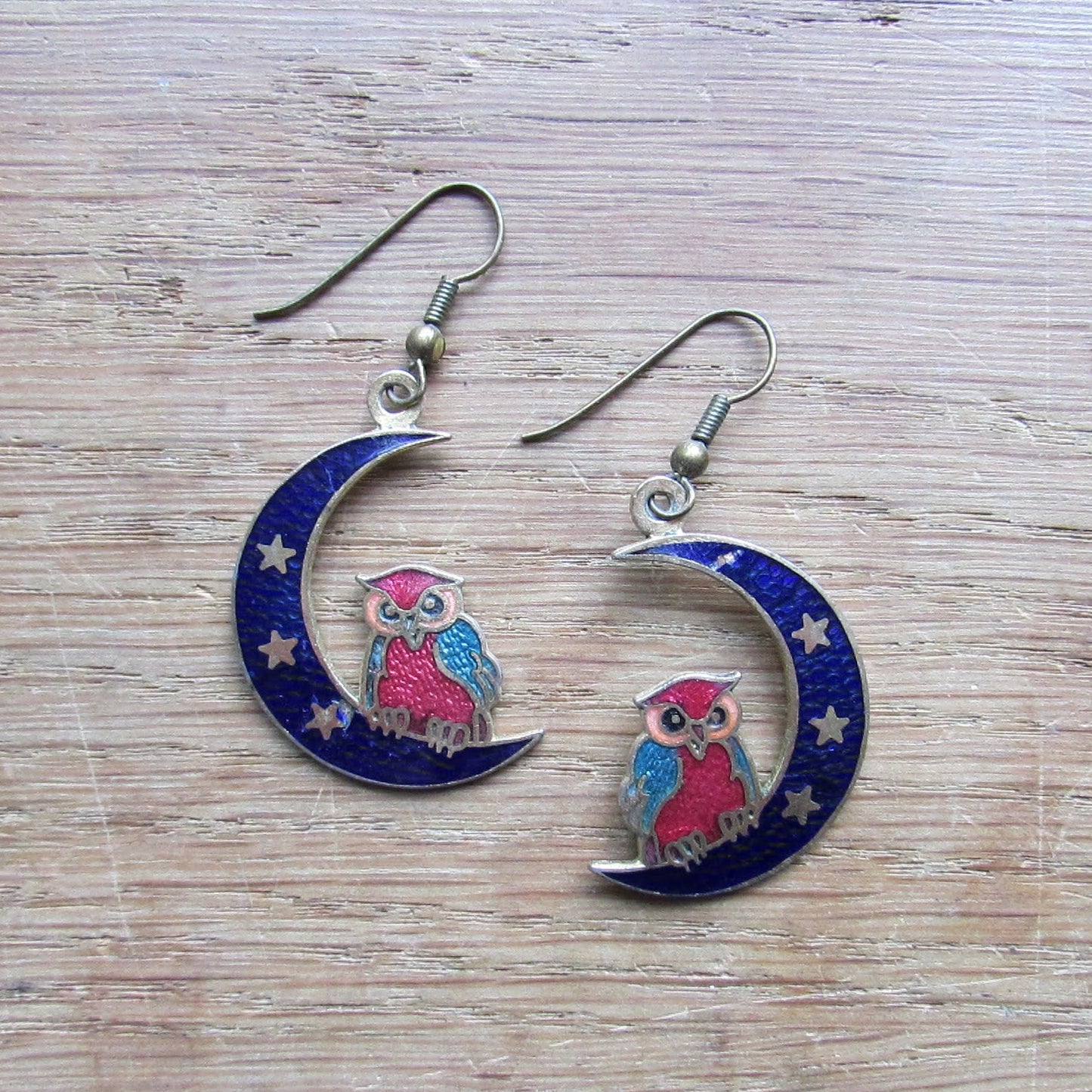 1980s cloisonné crescent moon & owl drop earrings, blue enamel celestial design