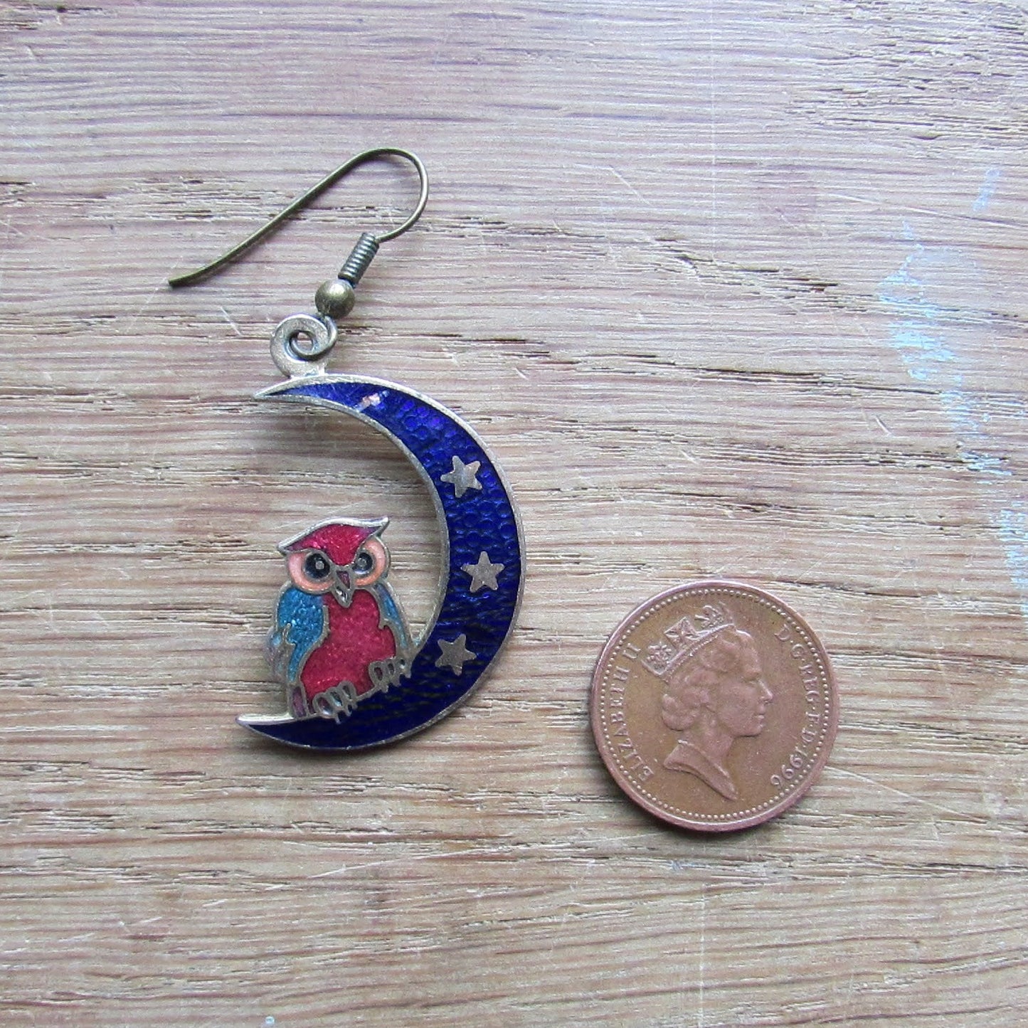 1980s cloisonné crescent moon & owl drop earrings, blue enamel celestial design