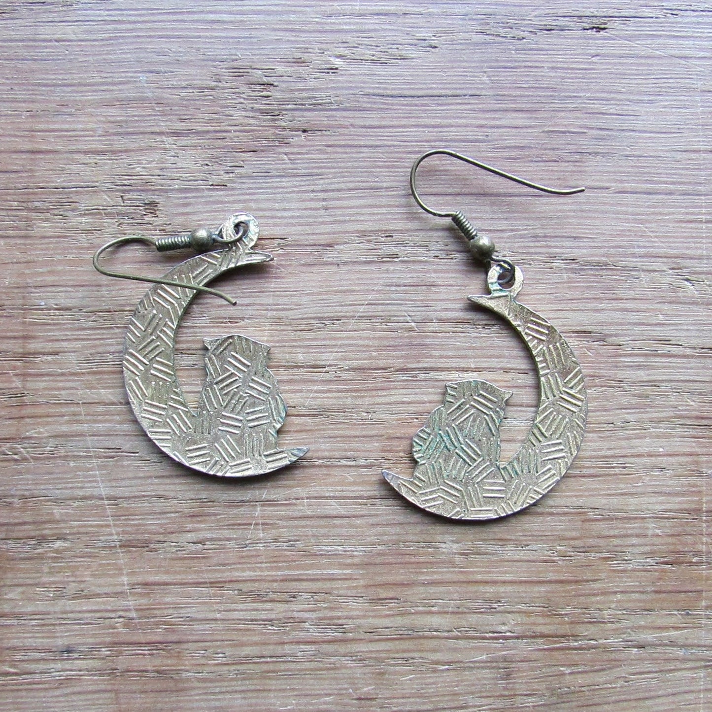 1980s cloisonné crescent moon & owl drop earrings, blue enamel celestial design