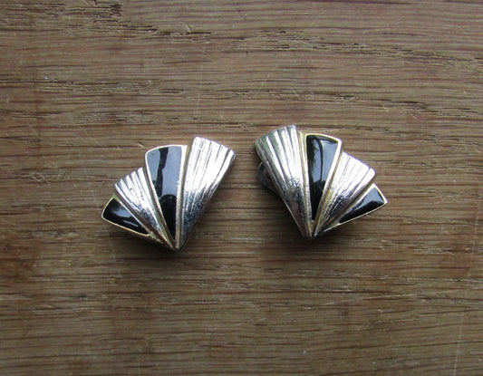 1980s Art Deco-style black enamel & silver-tone fan-shaped clip-on earrings
