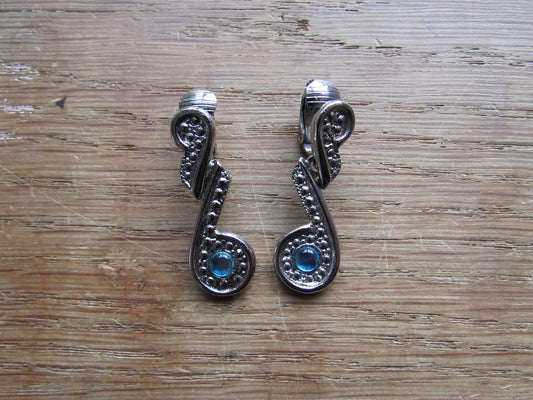 Vintage silver-tone/marcasite & blue diamante scroll clip-on earrings