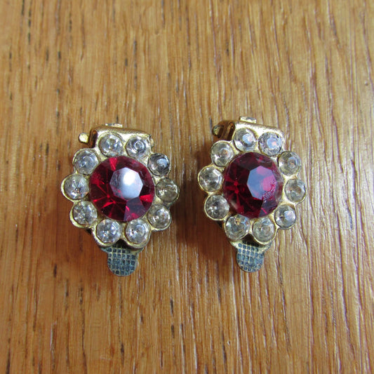 1950s ruby red glass & diamanté gold-tone floral clip-on earrings