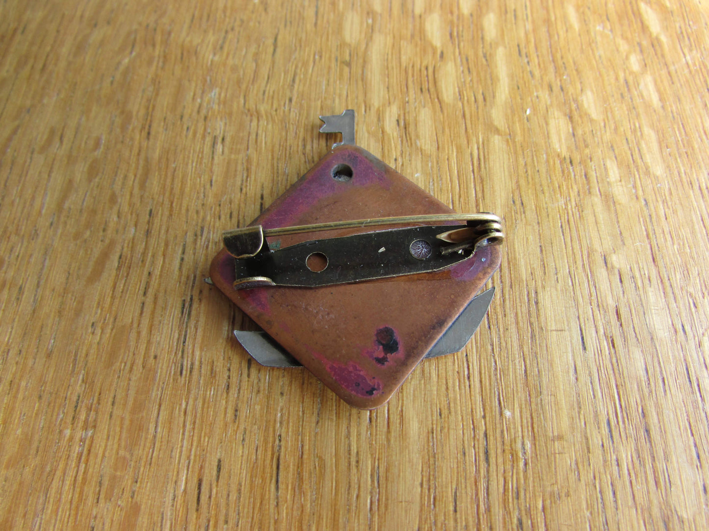 Home-made brooch using vintage minature metal yacht and vintage enamel piece jewellery pieces