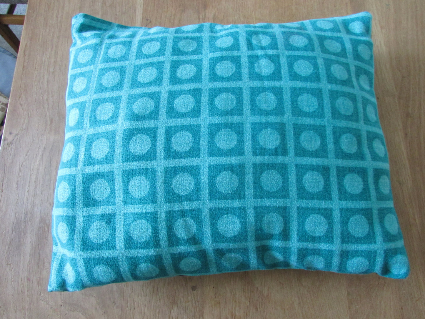 Home-made vintage green op art pattern cushion cover with contrast black reverse