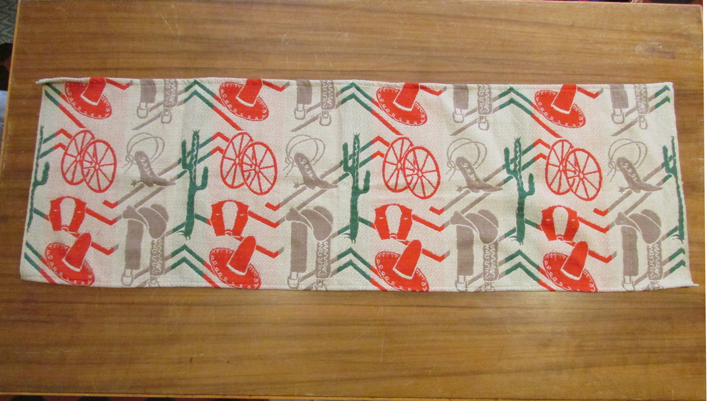 Home-made mid-century Mexican-themed fabric table runner
