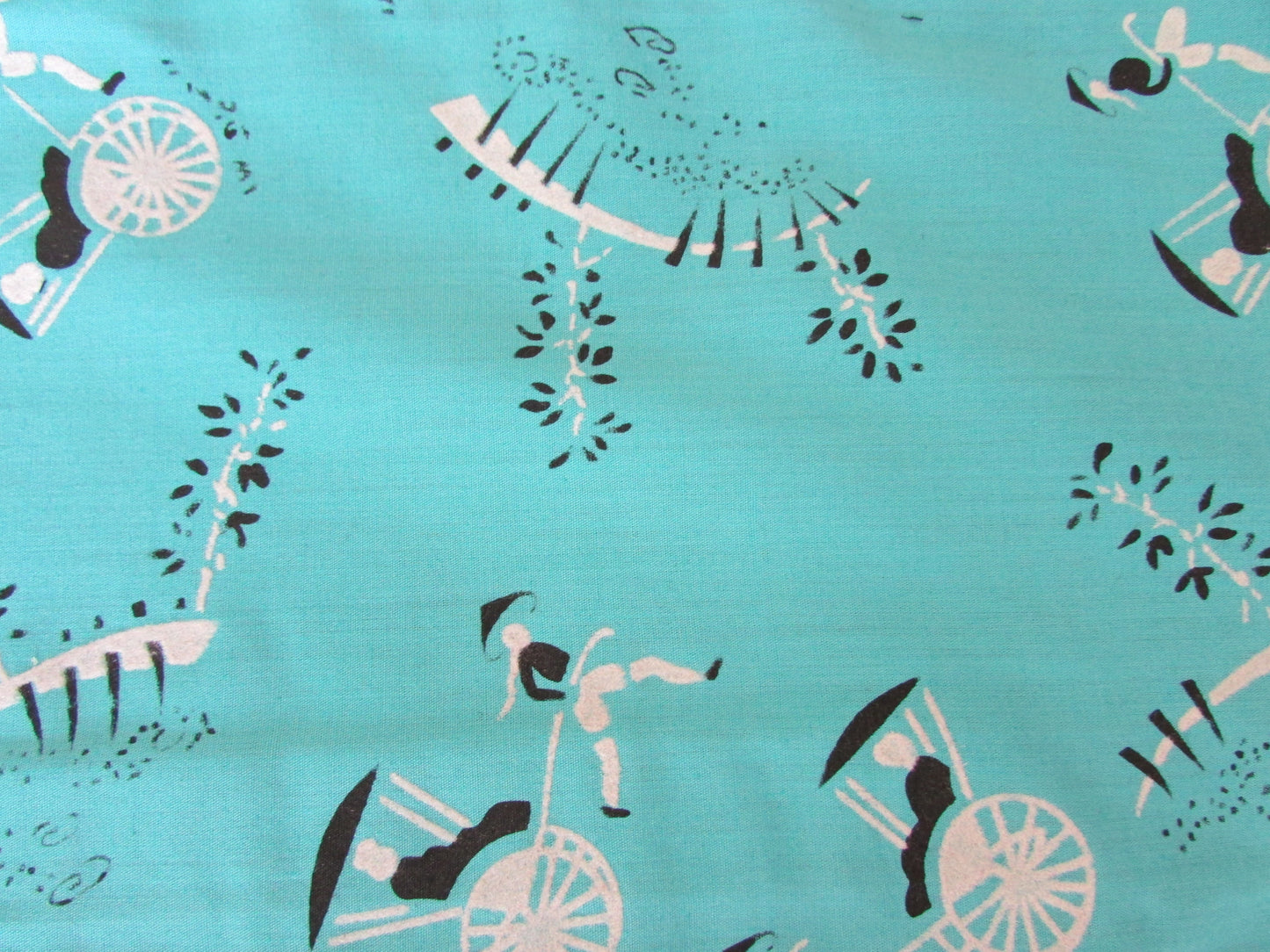 Home-made 1950s two-tone rickshaw pattern cushion cover with contrast black reverse
