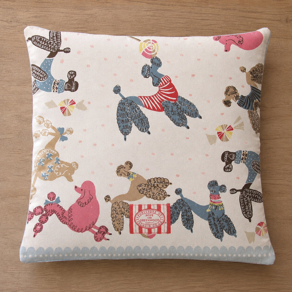 Handmade Hope & Greenwood 1950s-style poodles cushion cover with logo, 14" x 14"