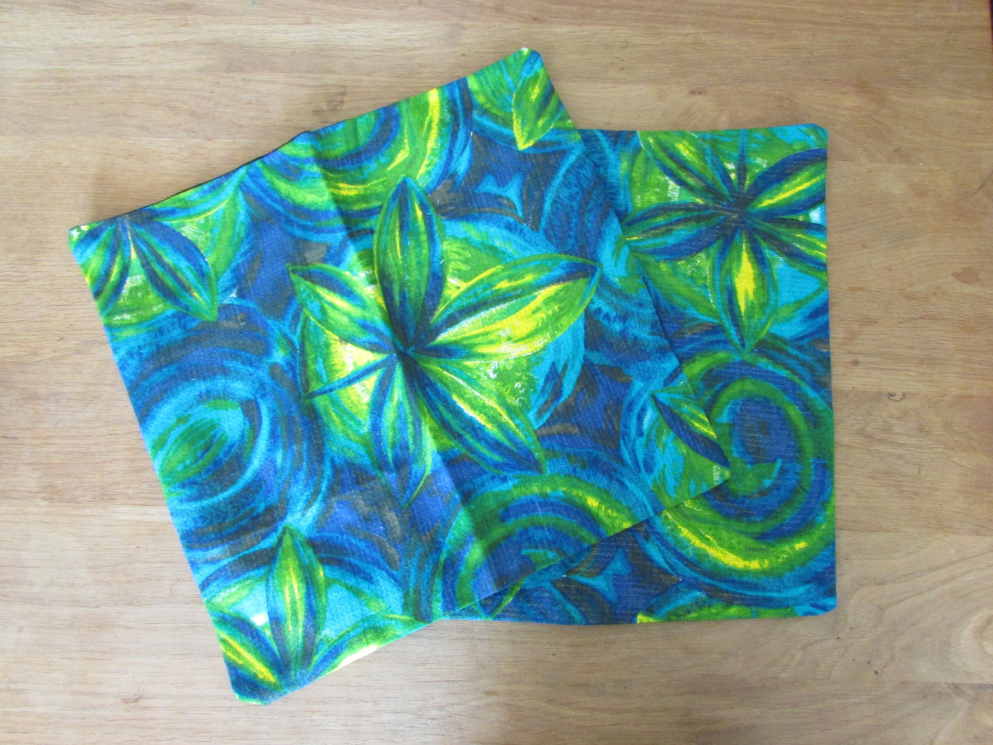 Home-made vintage bright blue & green pattern barkcloth cushion cover with contrast black reverse