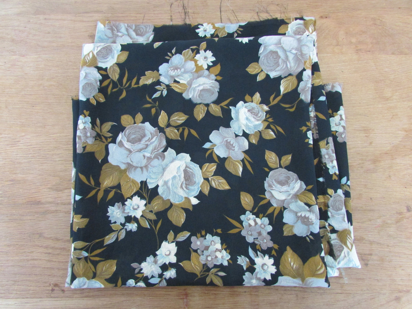 Vintage black & taupe rose print sheer polyester fabric piece, 46" x 44"