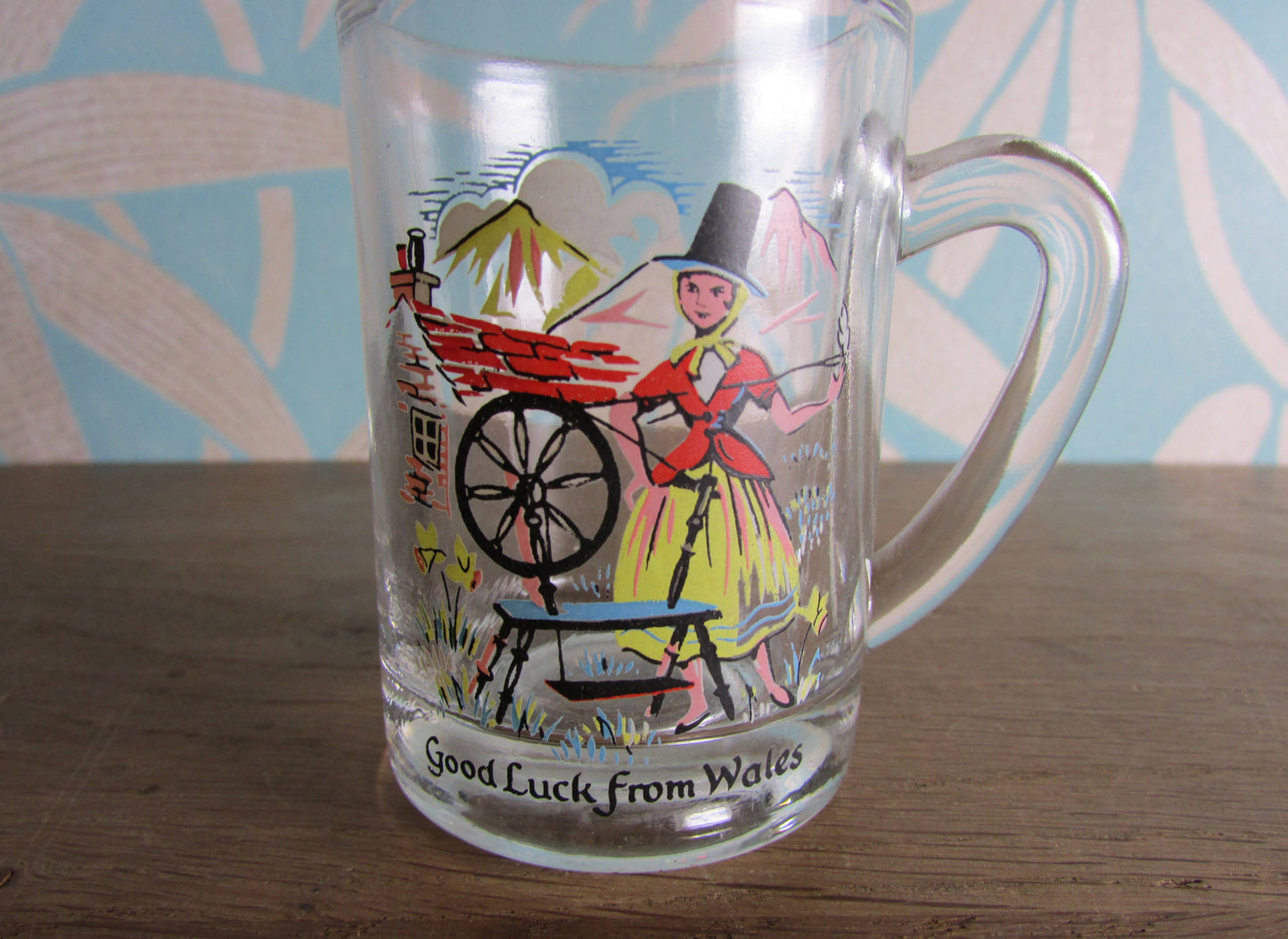 Vintage souvenir "Good Luck from Wales" miniature glass tankard