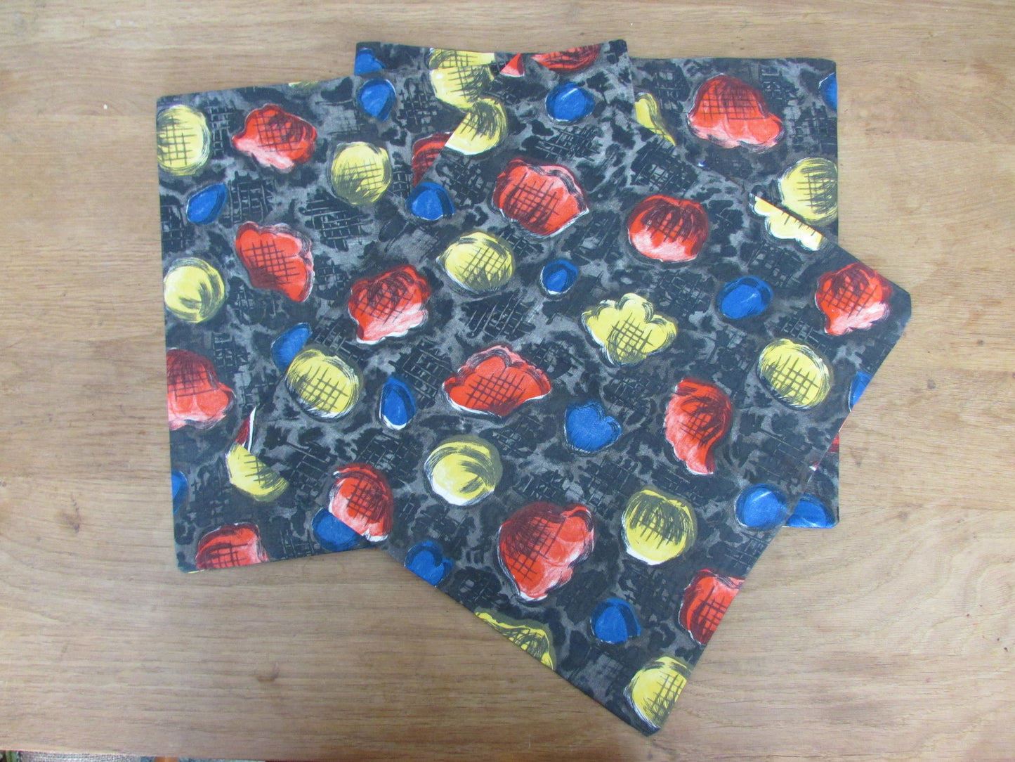 Home-made mid-century colourful abstract petal pattern cushion cover with contrast metallic OR same pattern reverse