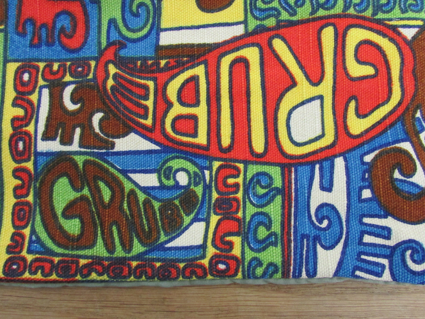 Home-made 1960s/70s Robert Bruce "Grubb" psychedelic pattern cushion cover with contrast olive green reverse