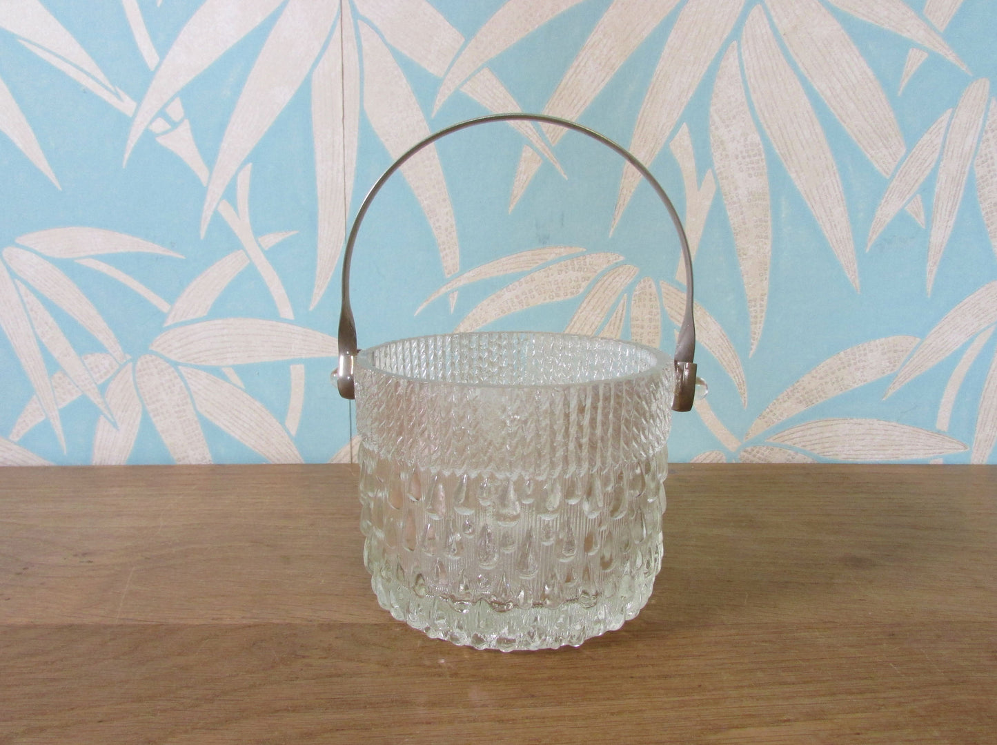 Mid-century tear/rain drop textured glass ice bucket