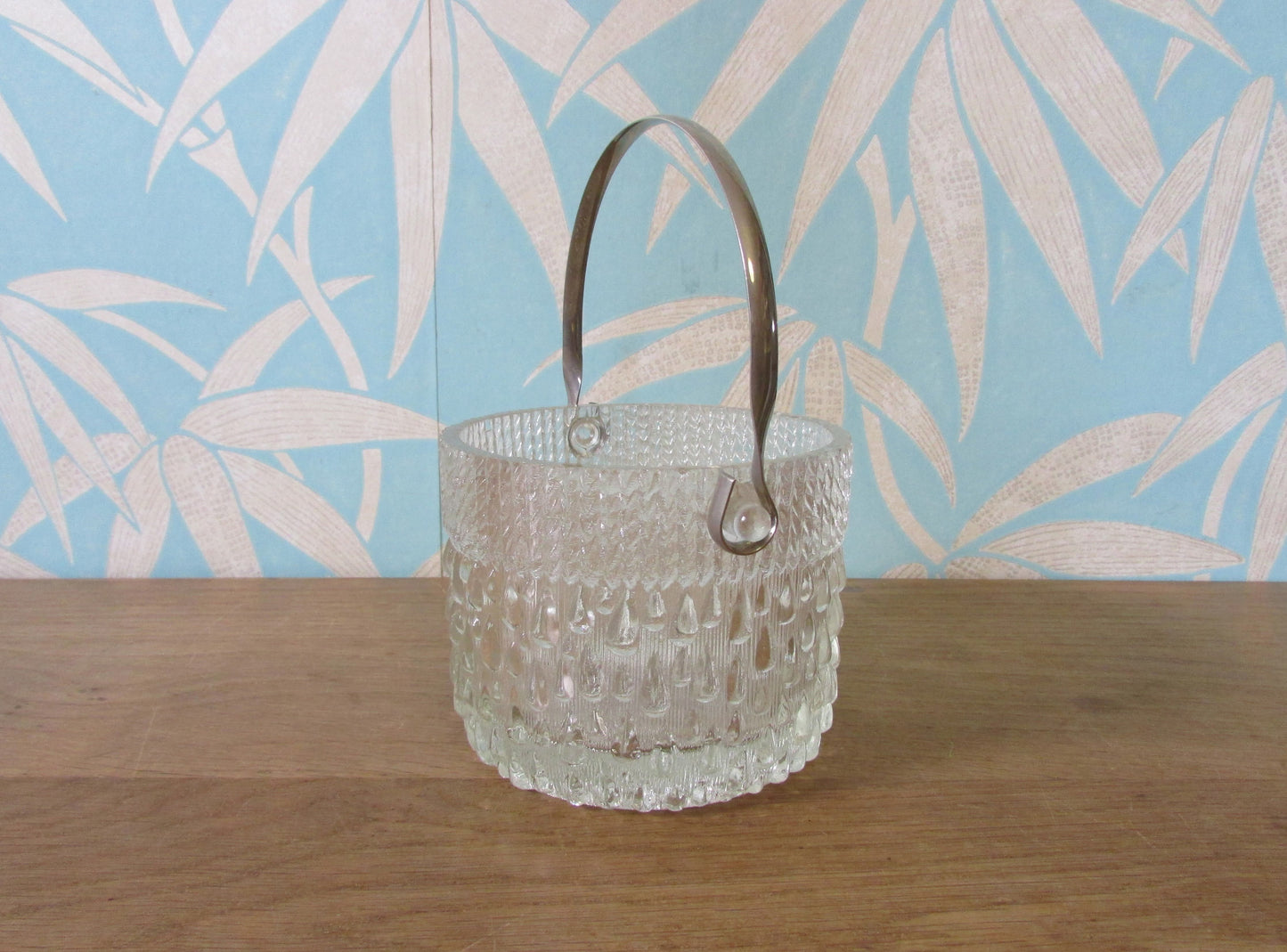 Mid-century tear/rain drop textured glass ice bucket
