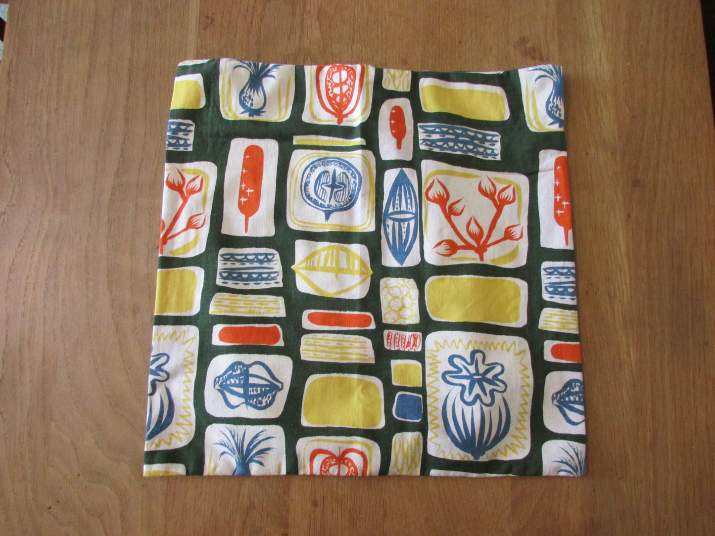 Home-made mid-century abstract botanical fruit print cushion cover with same pattern reverse
