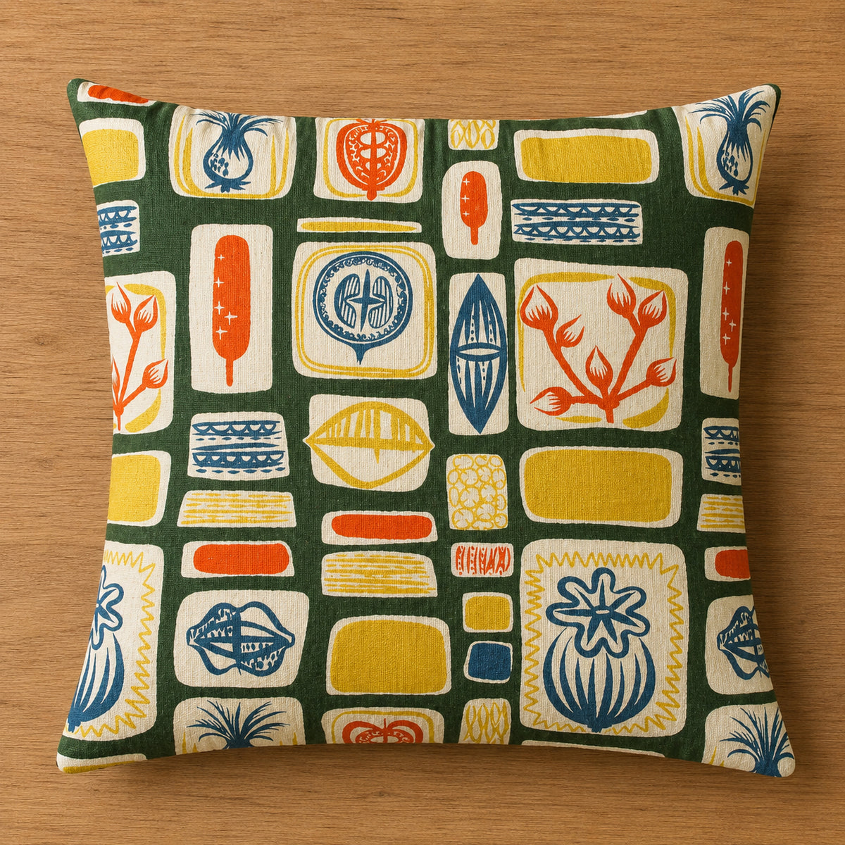 Handmade mid-century abstract botanical fruit print cushion cover, 15" x 15"