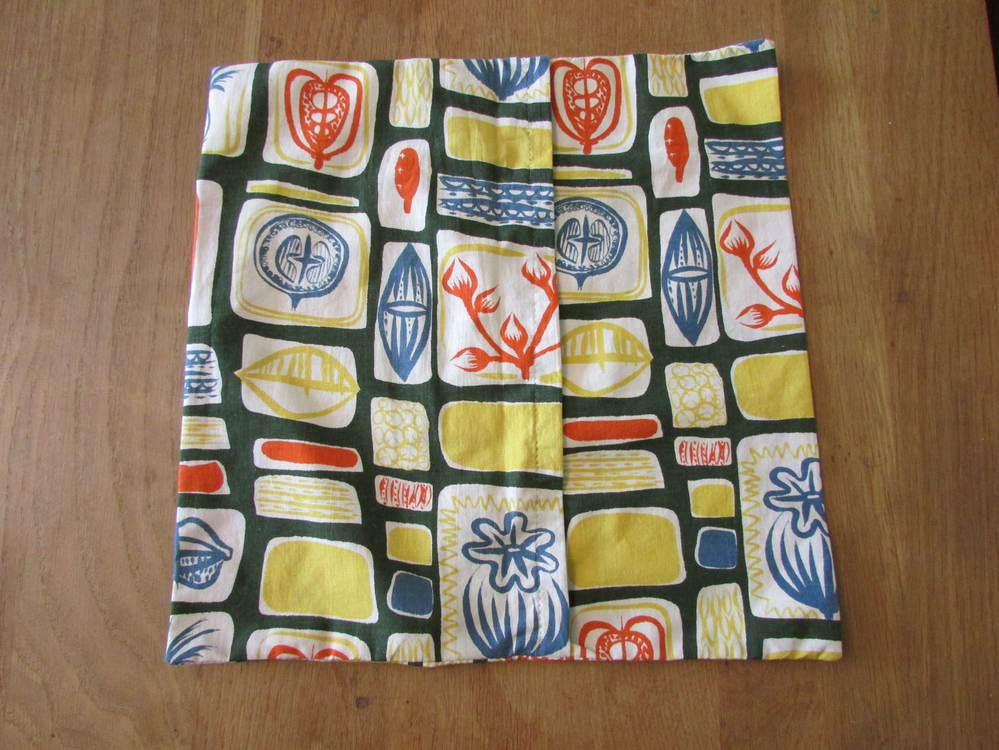Home-made mid-century abstract botanical fruit print cushion cover with same pattern reverse