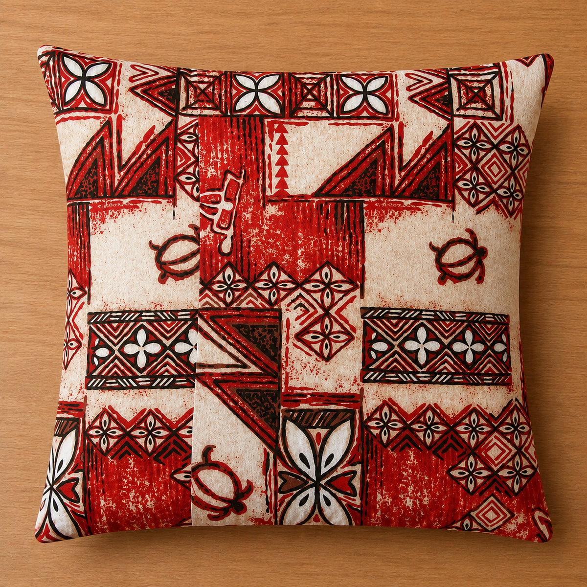 Handmade vintage red Hawaiian tiki pattern cushion cover, 15" x 15"