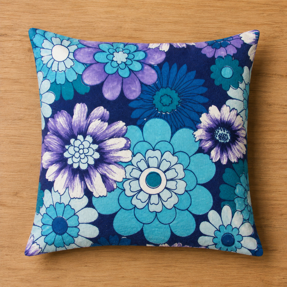 Handmade 1970s blue purple flower power floral cushion cover, 16" x 16"