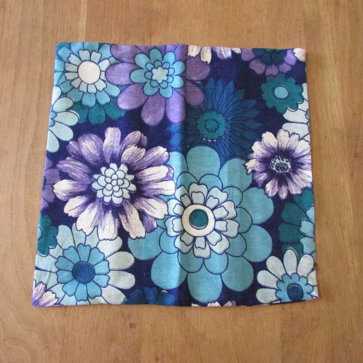 Handmade 1970s blue purple flower power floral cushion cover, 16" x 16"
