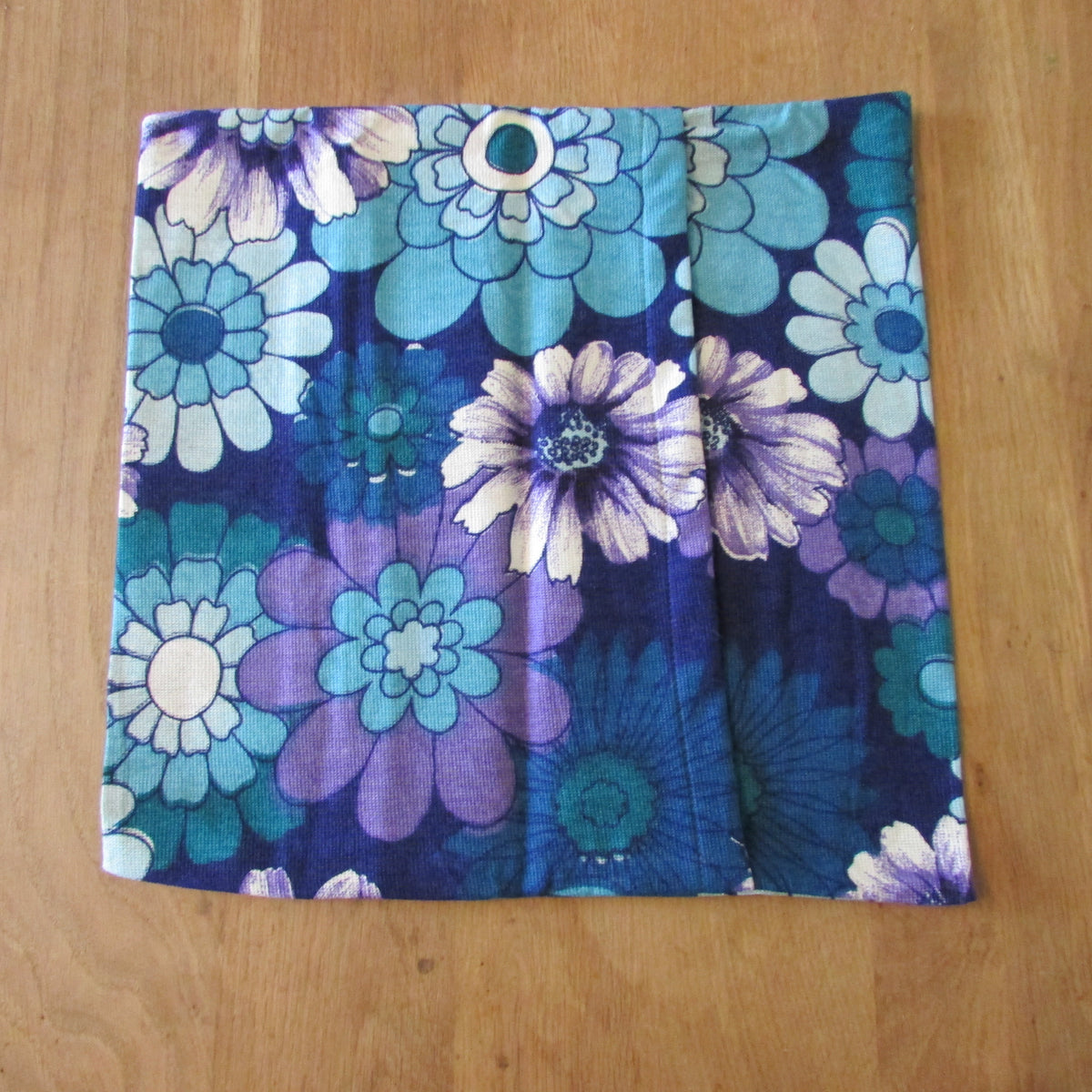Handmade 1970s blue purple flower power floral cushion cover, 16" x 16"