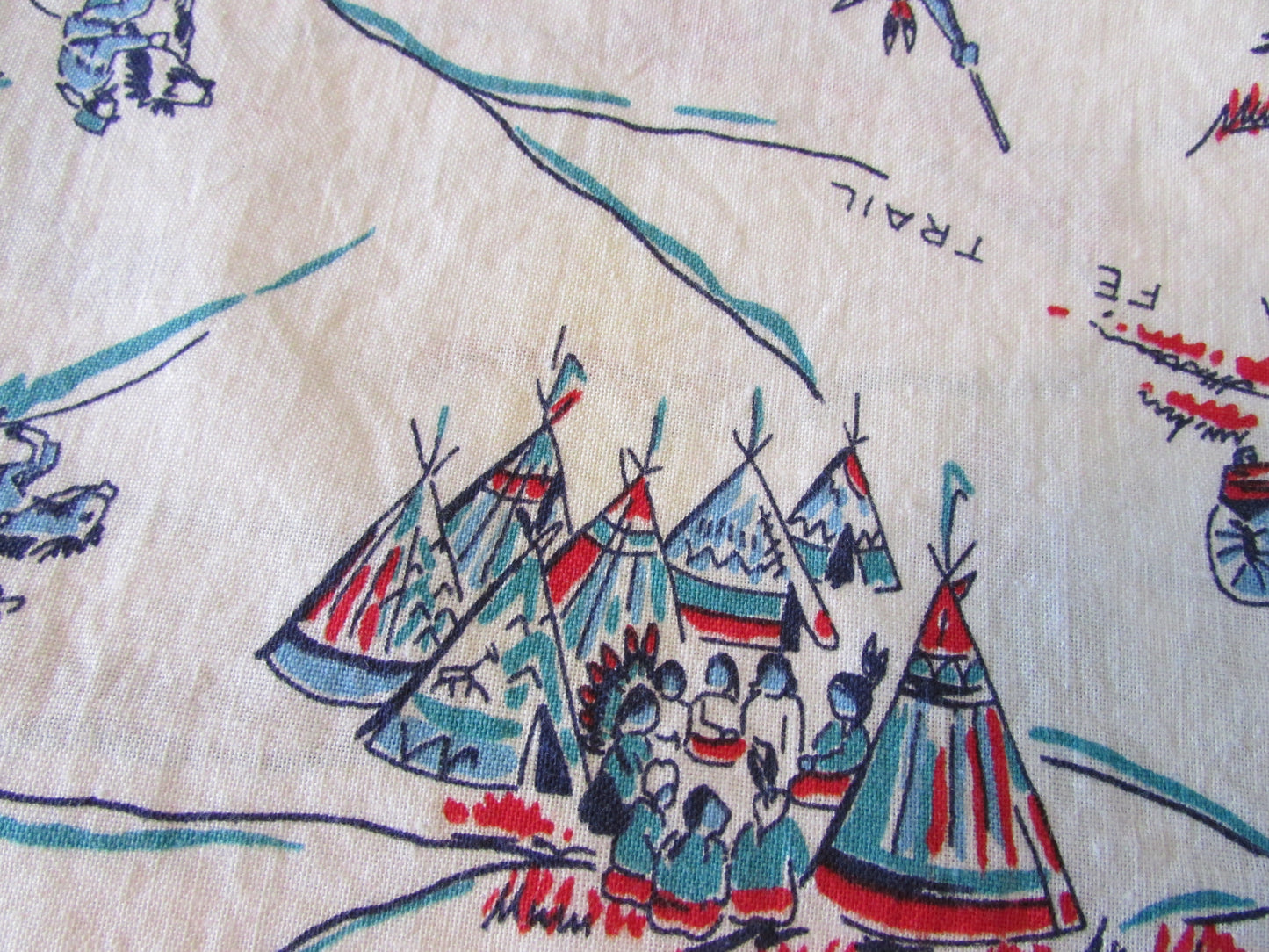 Home-made mid-century wagon trail/Wild West pattern cushion cover with same pattern reverse