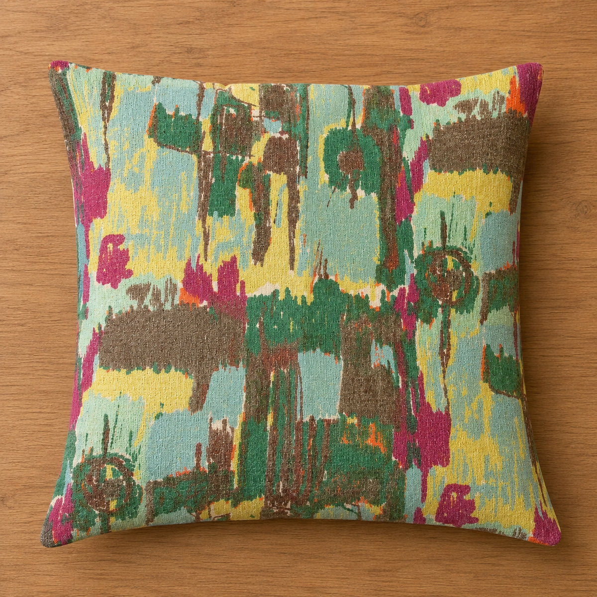 Handmade 1950s colourful painterly abstract barkcloth cushion cover, 15" x 15"