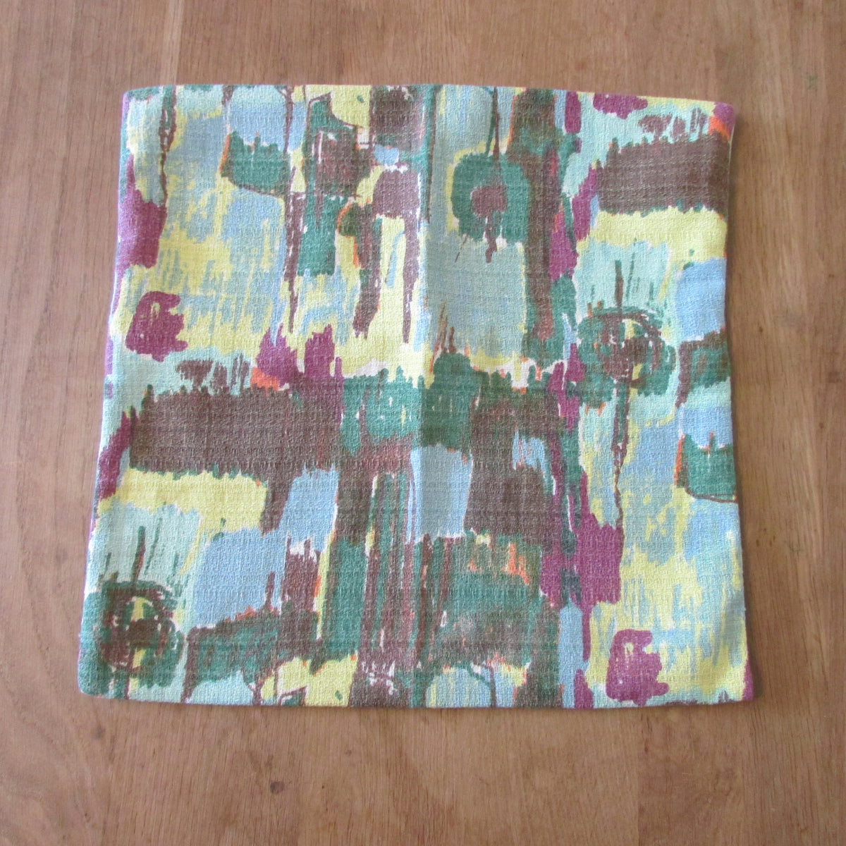 Handmade 1950s colourful painterly abstract barkcloth cushion cover, 15" x 15"