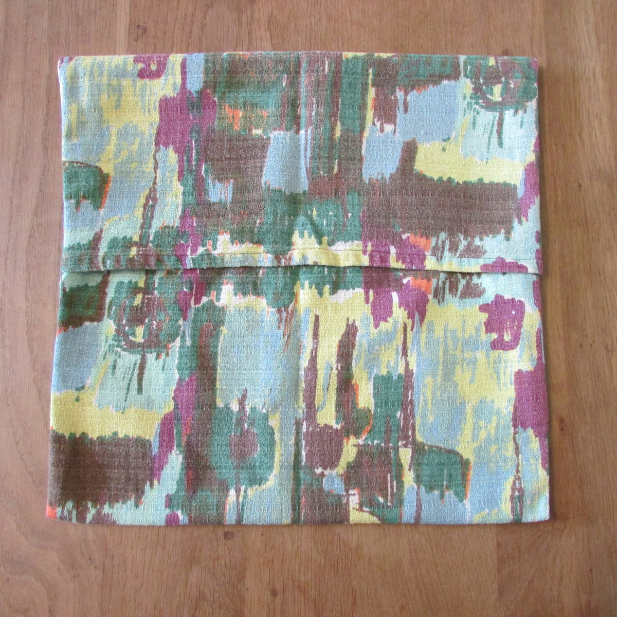 Handmade 1950s colourful painterly abstract barkcloth cushion cover, 15" x 15"