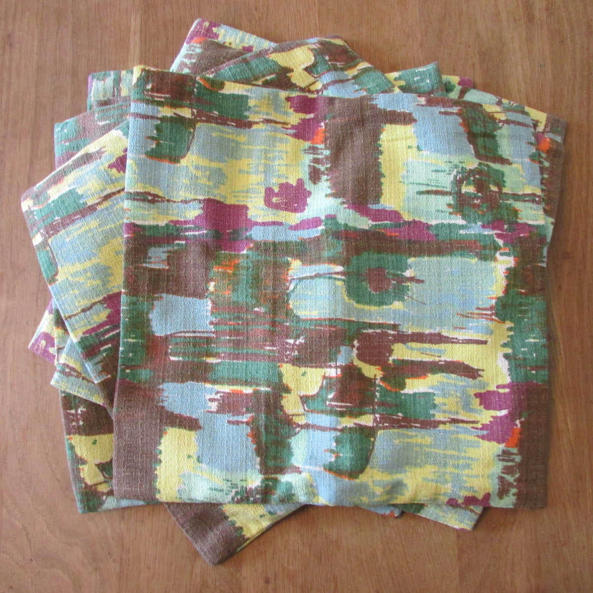 Handmade 1950s colourful painterly abstract barkcloth cushion cover, 15" x 15"