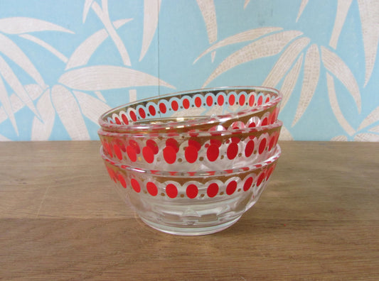 Set of three 1950s red spot glass dessert dishes