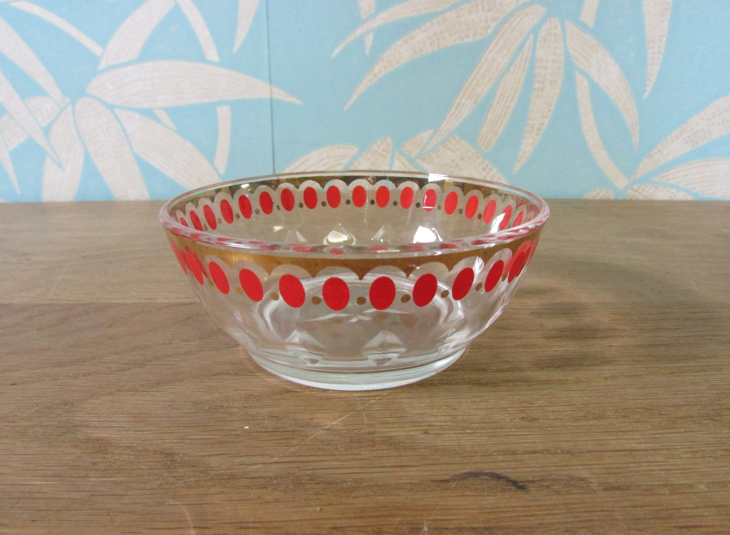 Set of three 1950s red spot glass dessert dishes