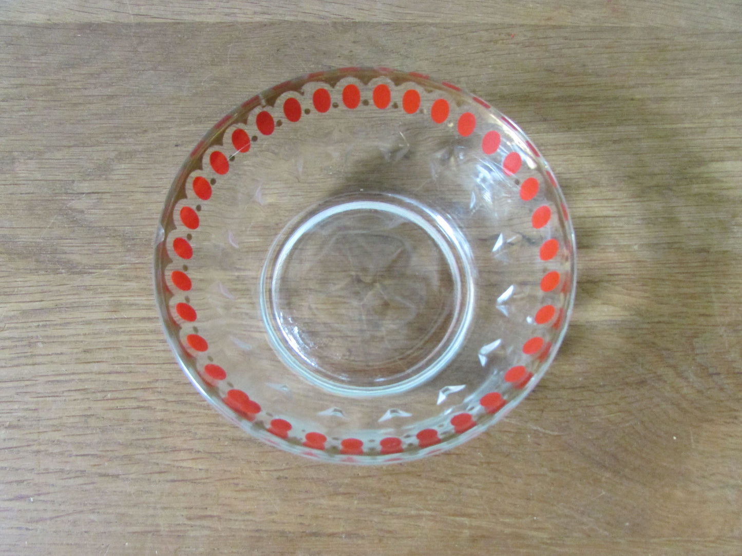 Set of three 1950s red spot glass dessert dishes