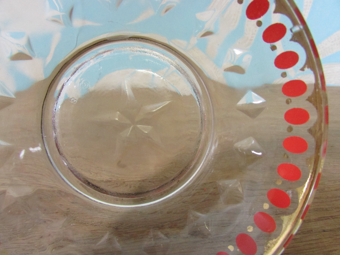 Set of three 1950s red spot glass dessert dishes