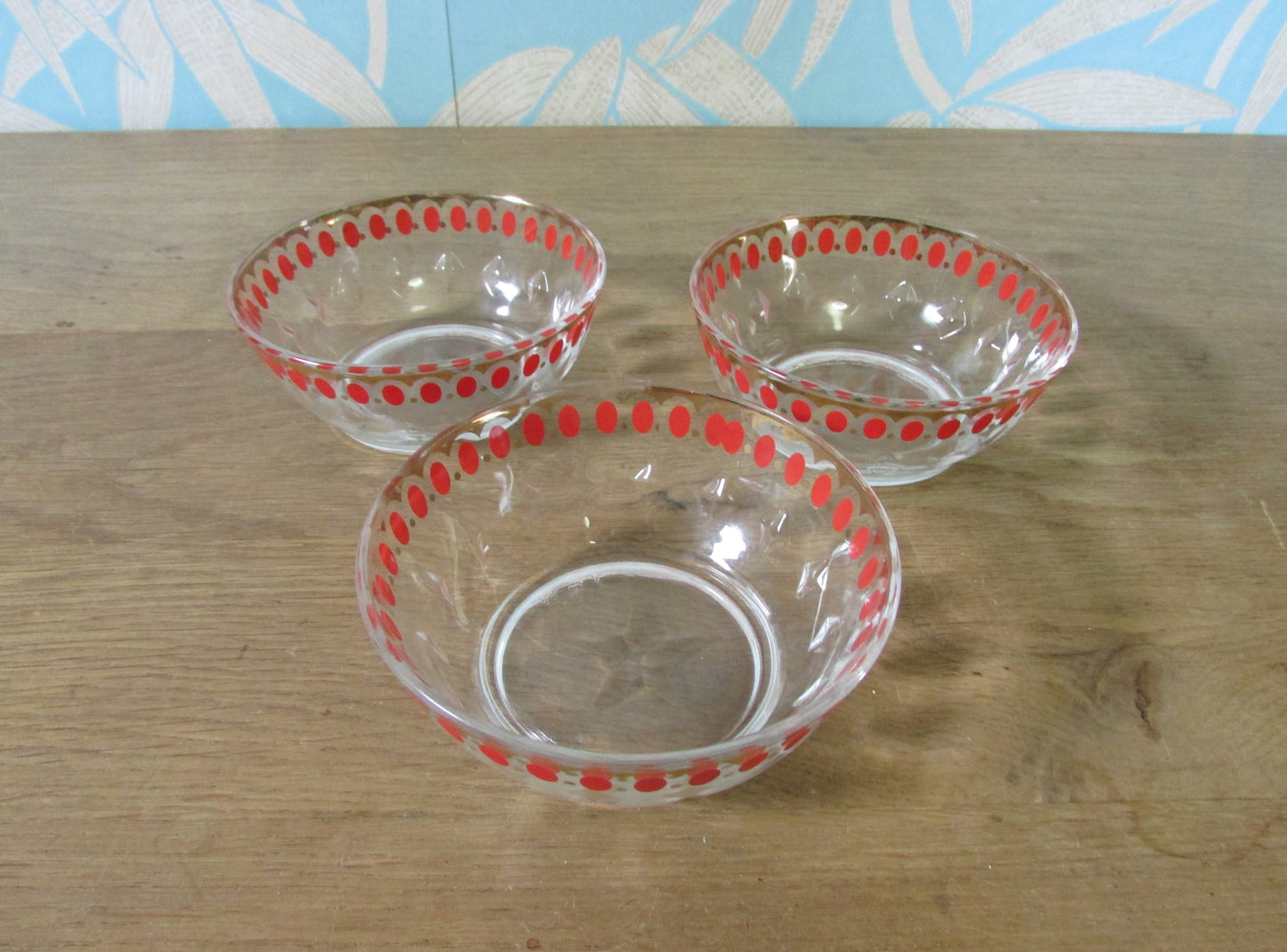 Set of three 1950s red spot glass dessert dishes